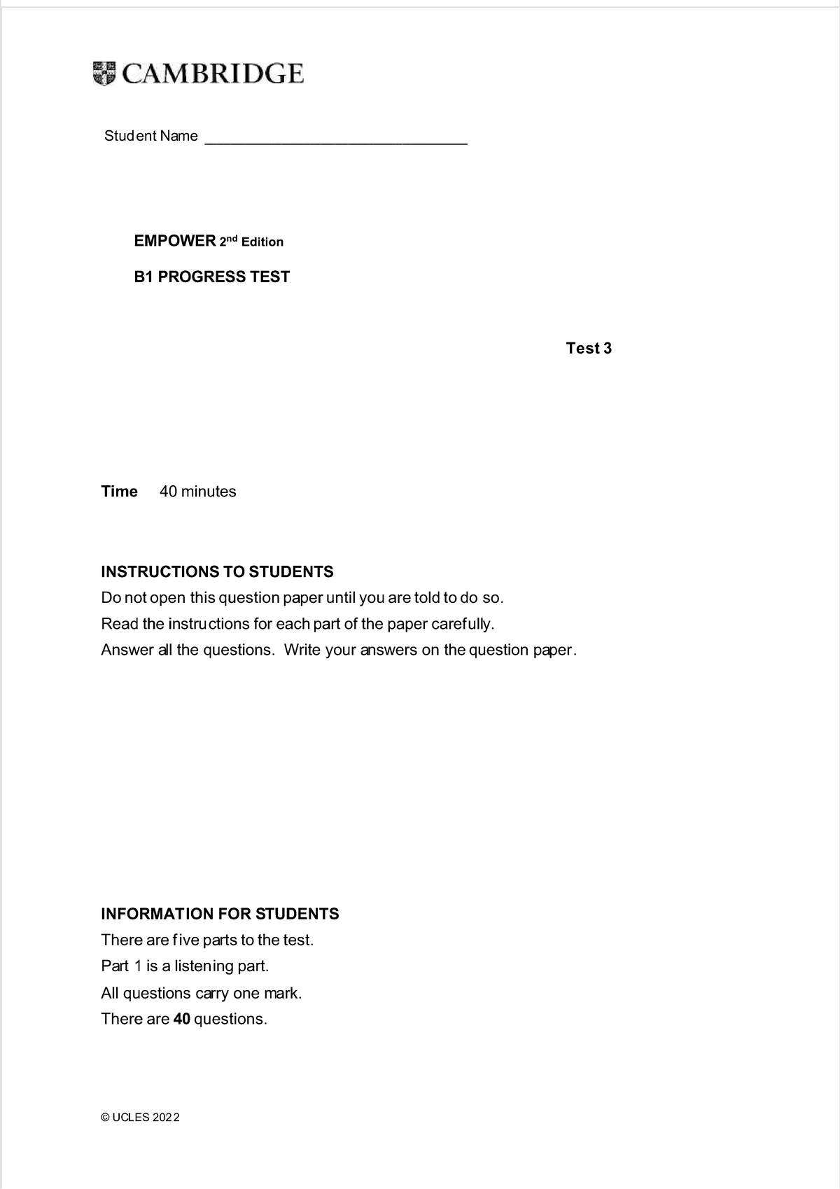 EMPOWER 2nd Ed B1 Progress Test 3 - 40 Min Instructions - Studocu