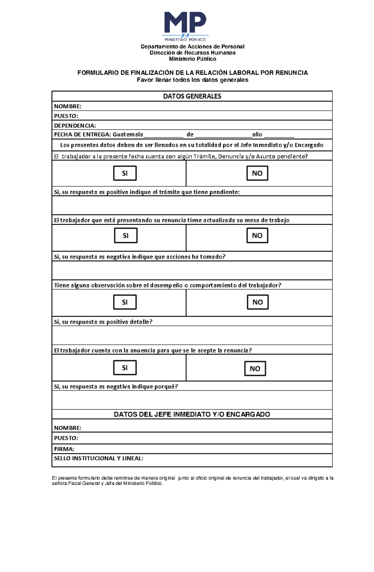 Formulario de Finalización de Relación Laboral por Renuncia - Document Preview