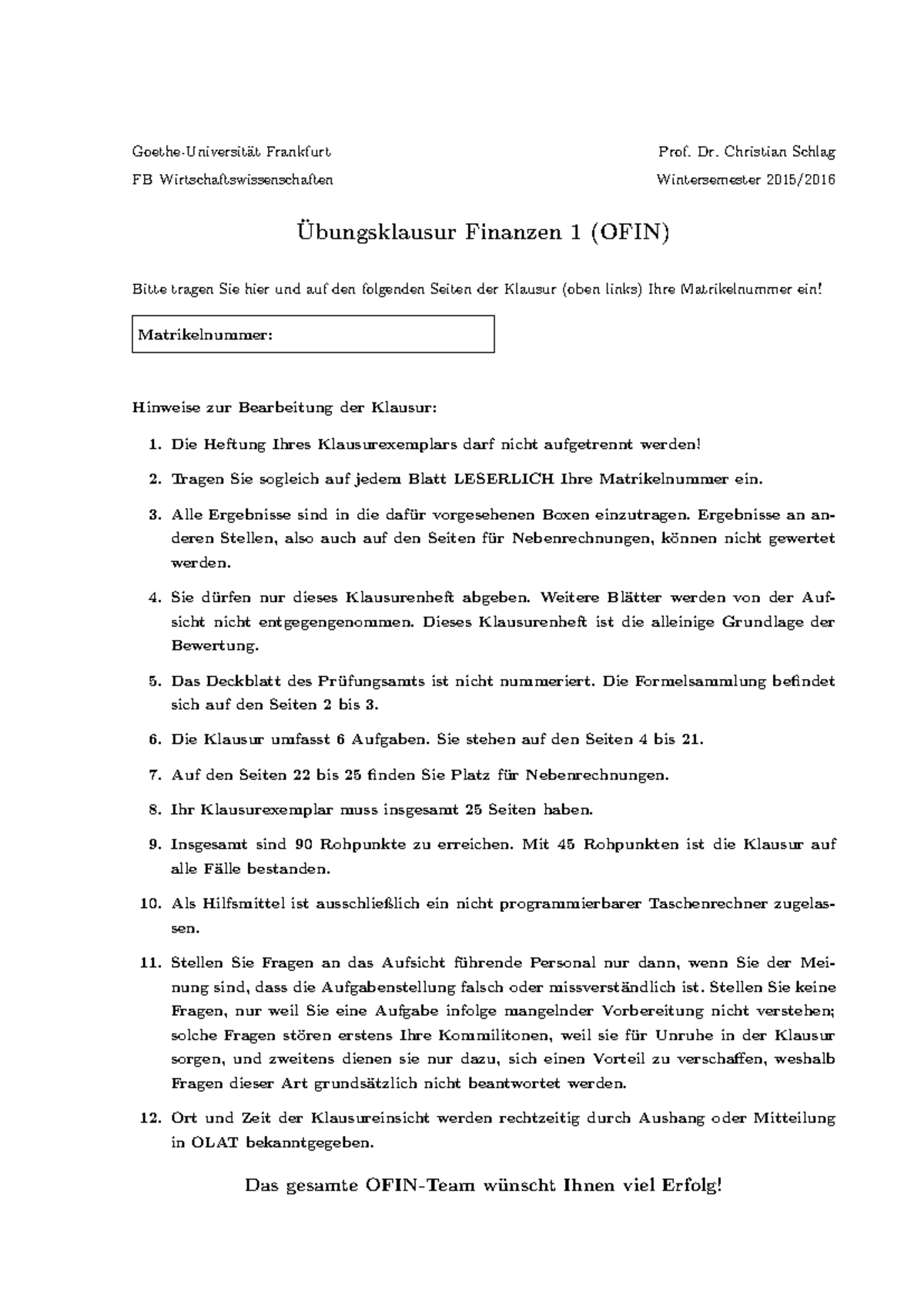 Probeklausur Finanzen 1 OFIN WS15 - Vorbereitung und Hinweise - Studocu