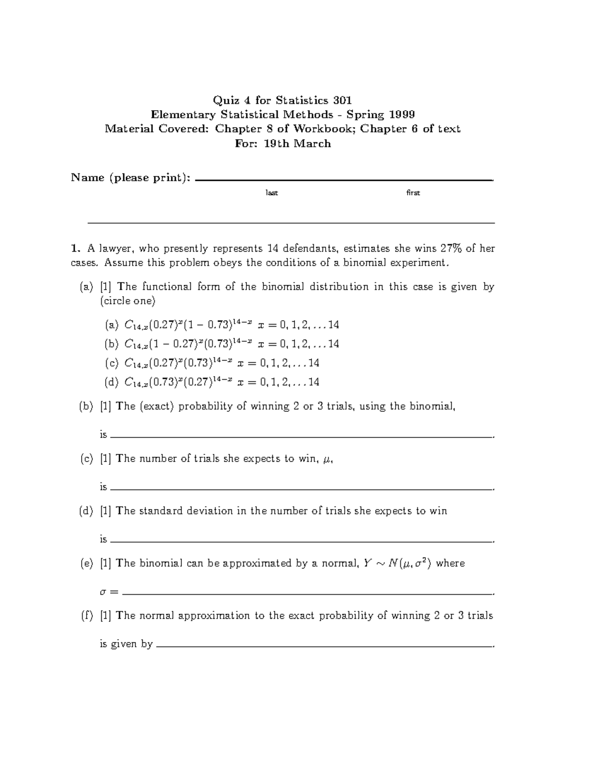 Quiz 4: Statistics 301 - Elementary Statistical Methods - Studocu