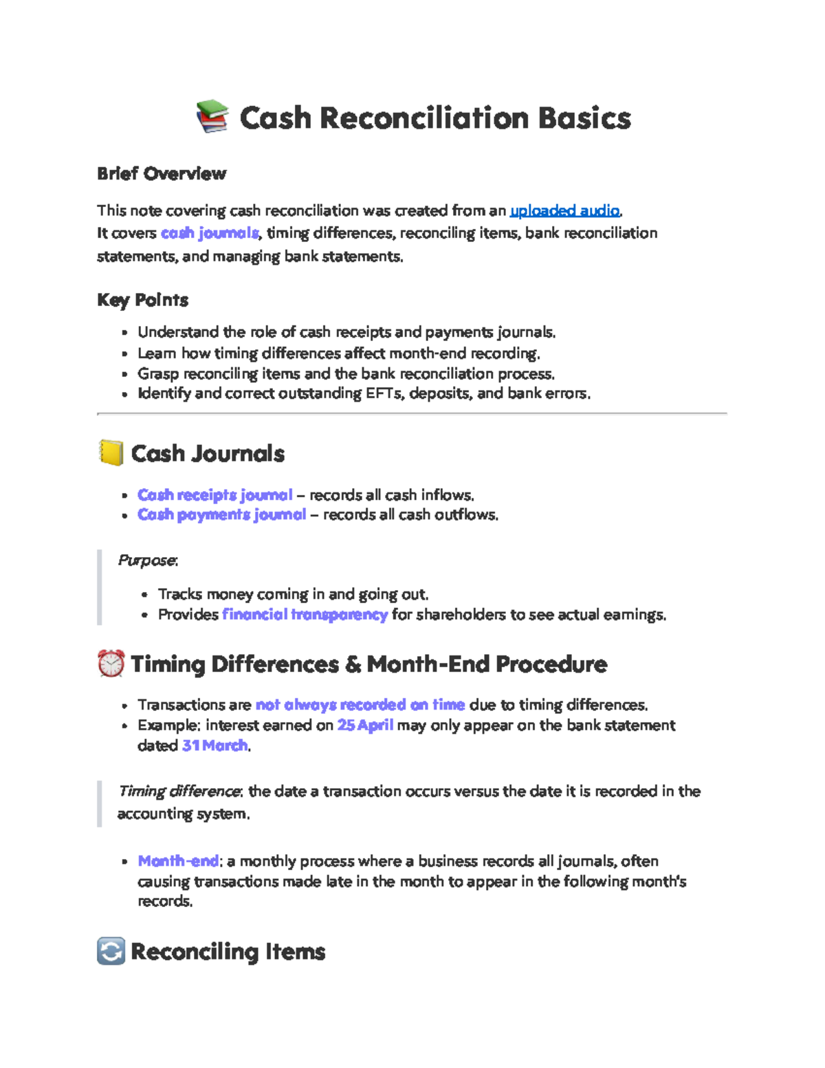 ACC152 Cash Reconciliation Basics: Key Concepts and Processes - Studocu