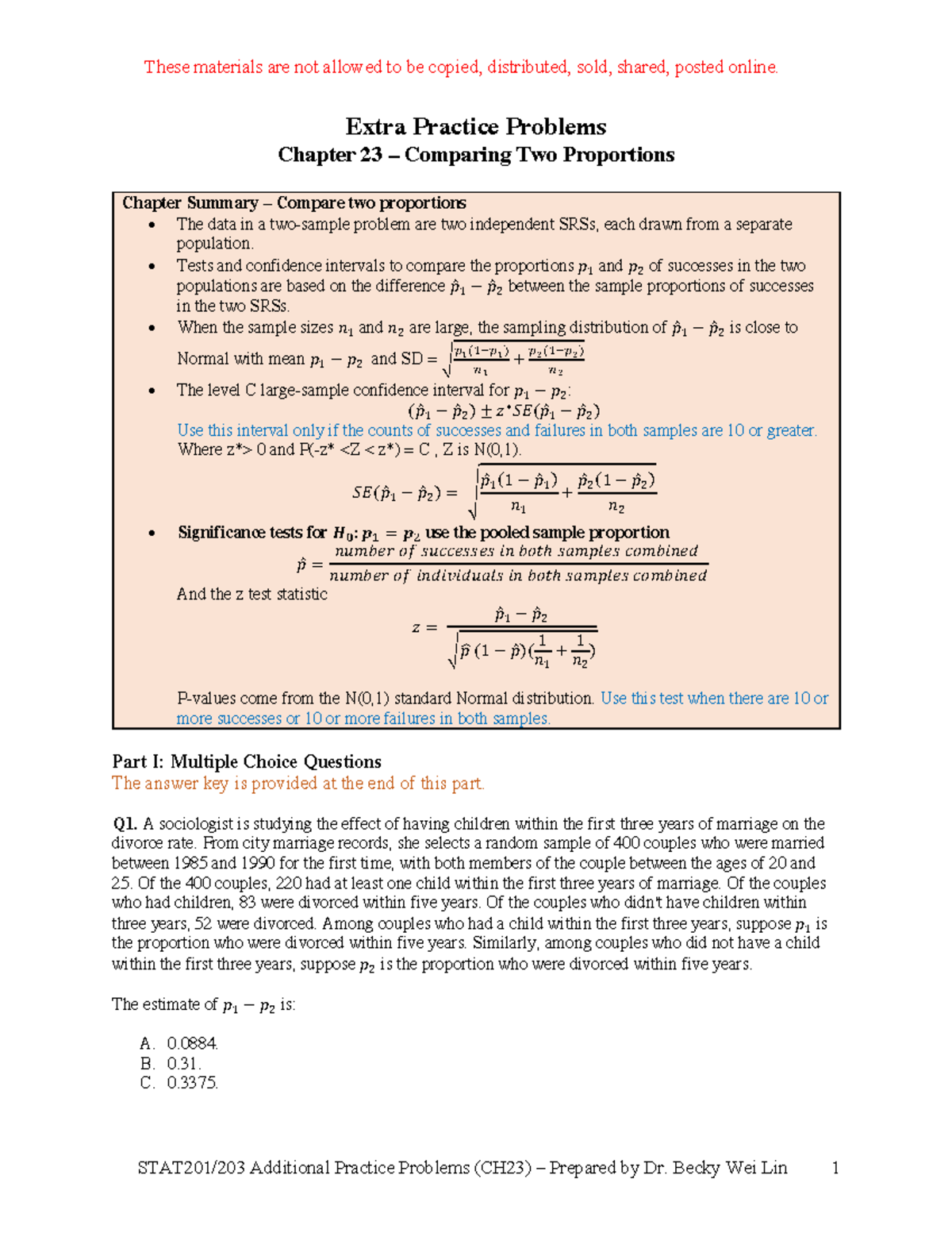 STAT201/203 Additional Practice Problems (CH23) - Studocu