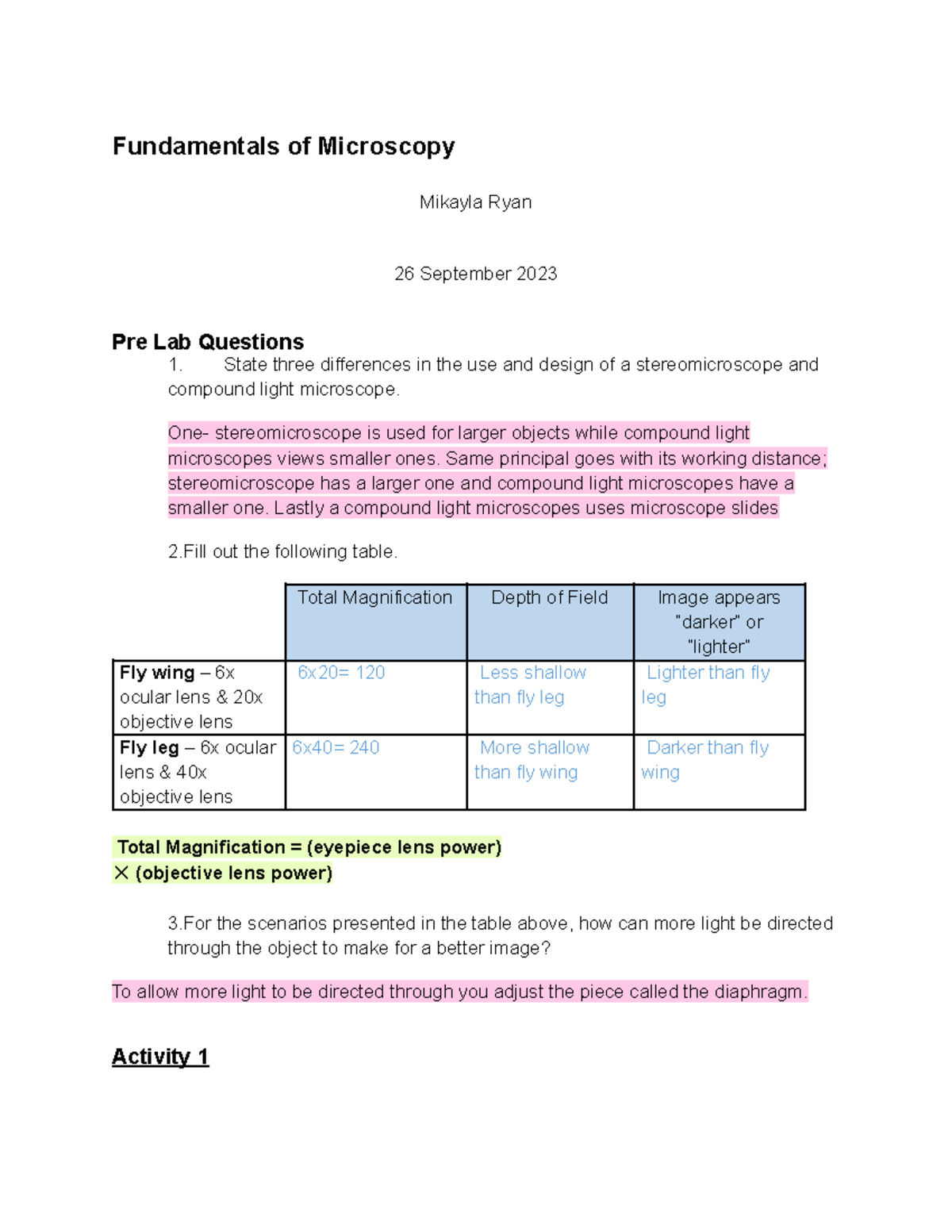 Lab Report: Fundamentals of Microscopy (Lab #2023) Examining Light ...