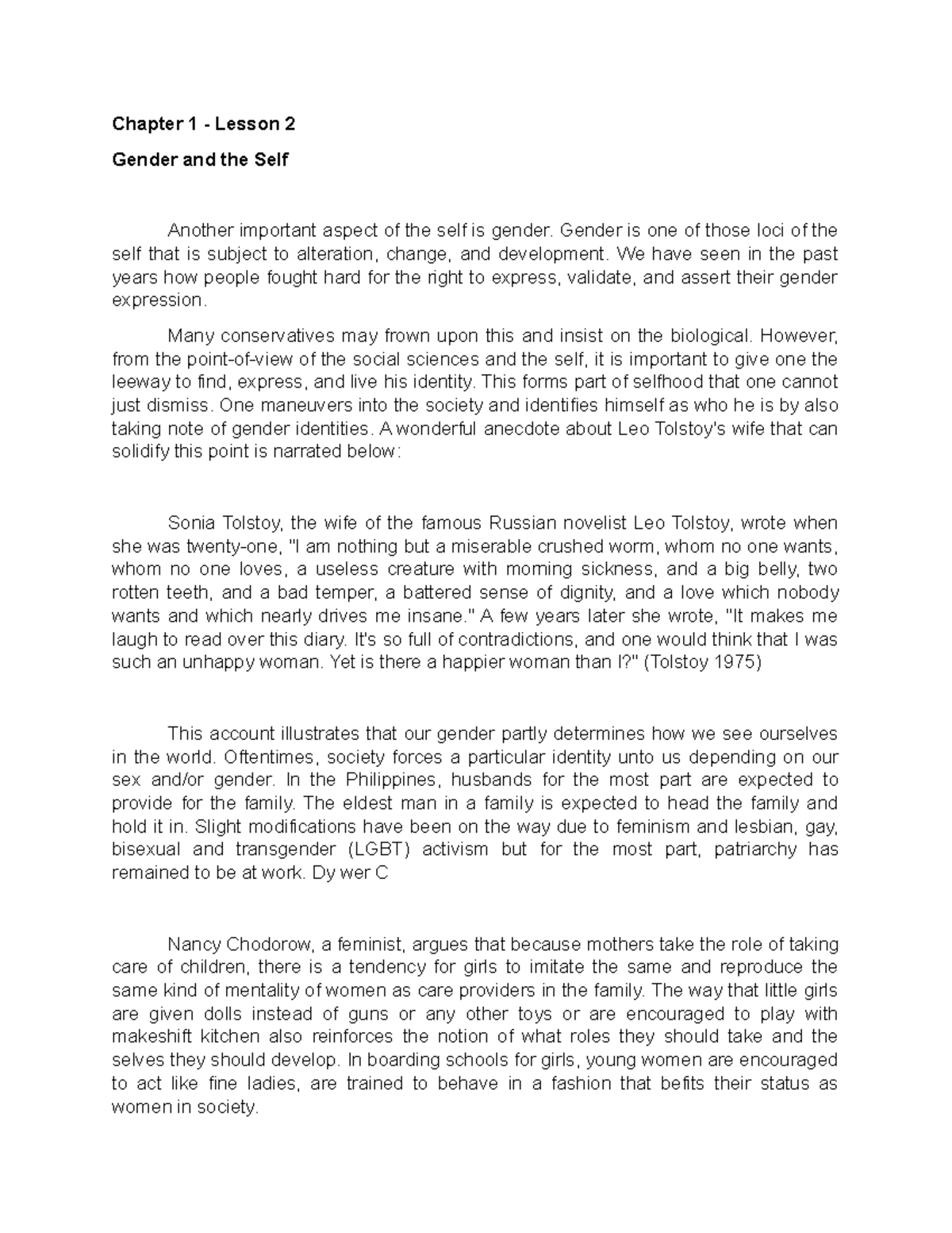 Gender and the Self: Insights from Chapter 1 - Lesson 2 - Studocu