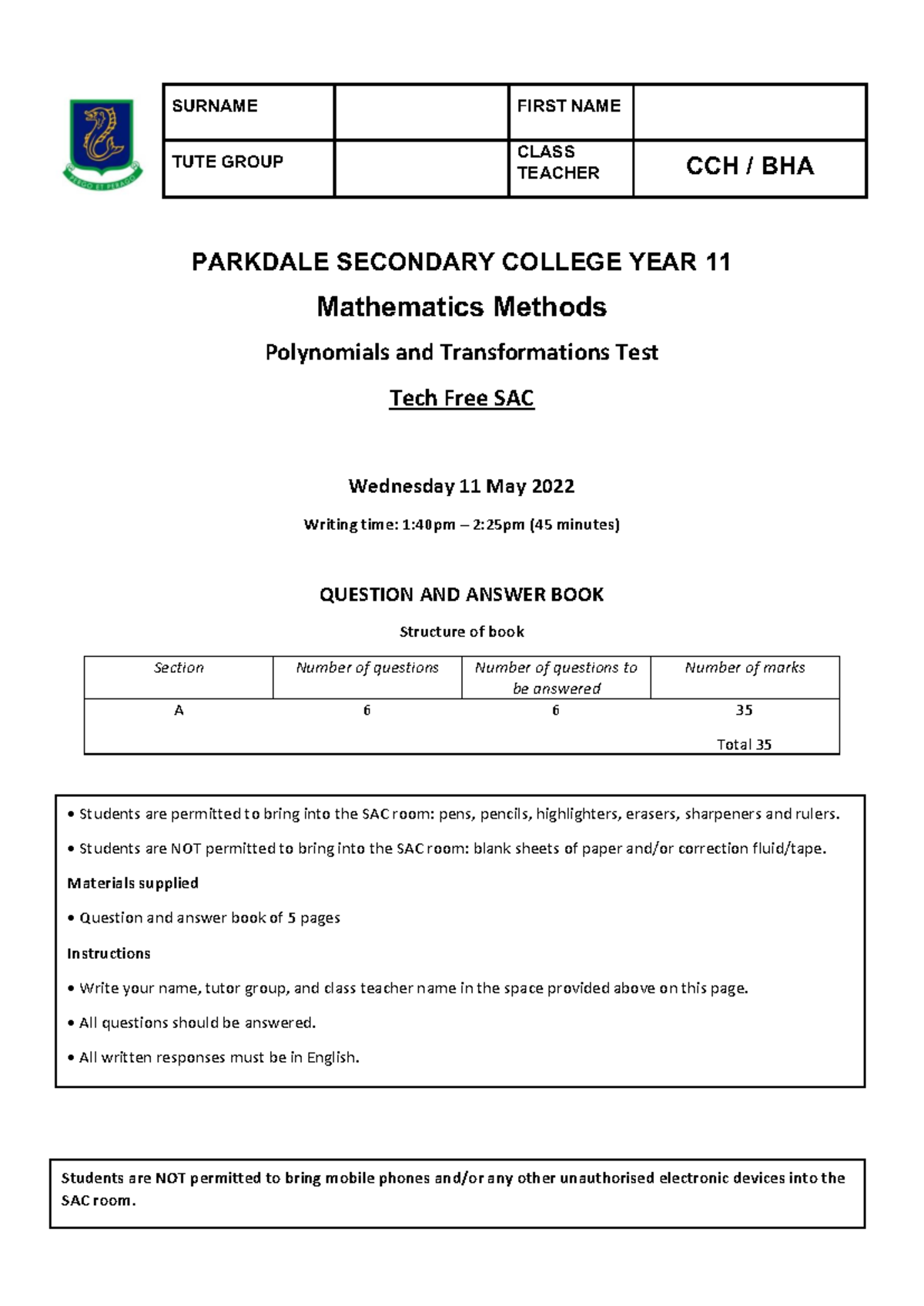 Year 11 Mathematics Methods CCH: Polynomials & Transformations Test ...