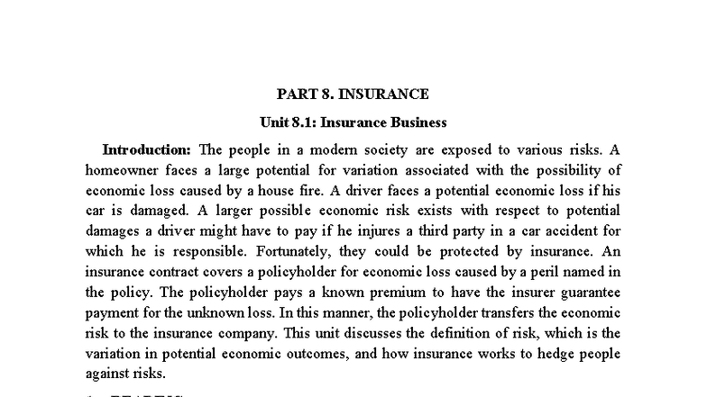 PART 8. INSURANCE: Introduction to Insurance Business and Products ...