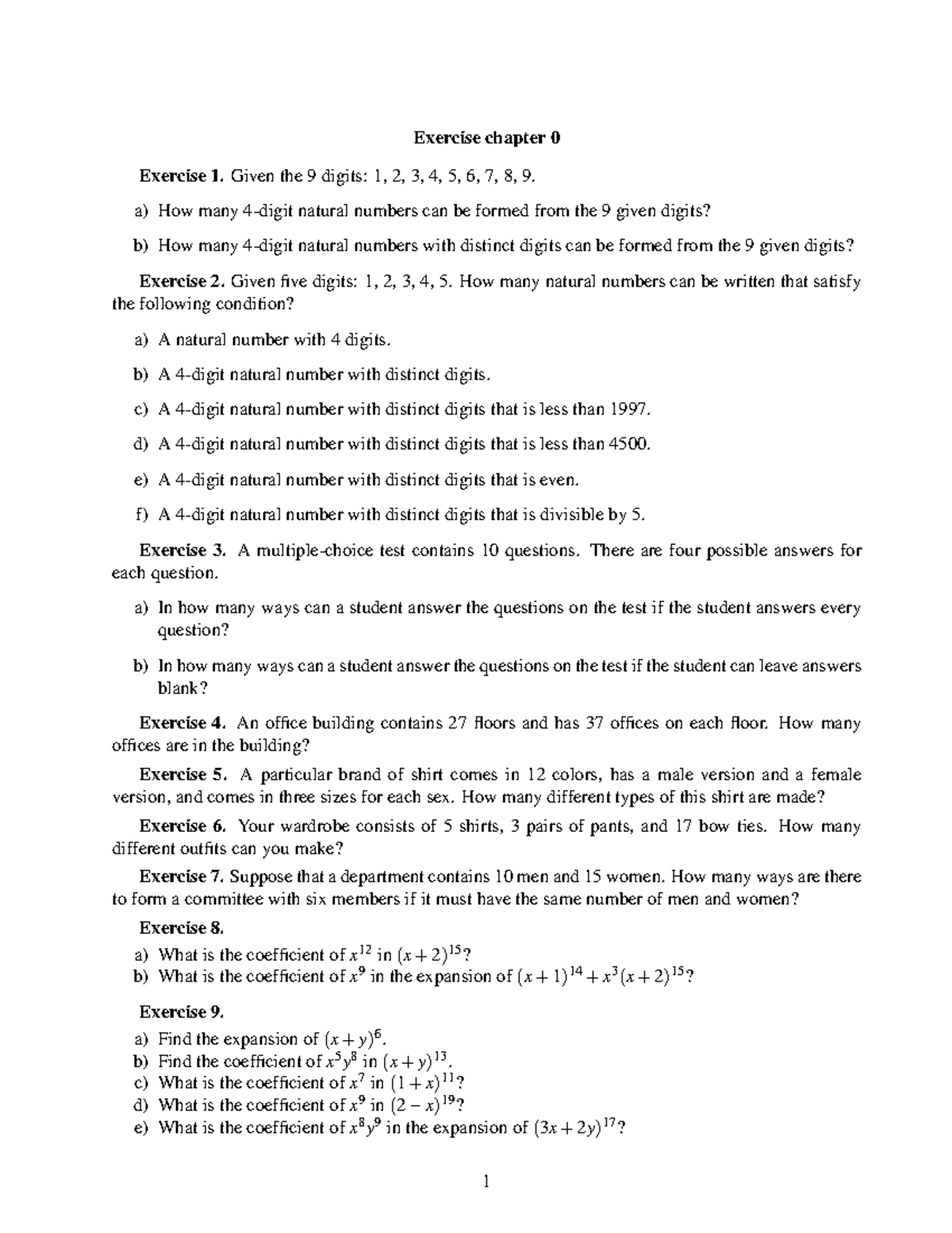 Exercise Chapter 0 - Natural Numbers & Combinatorics Problems - Studocu