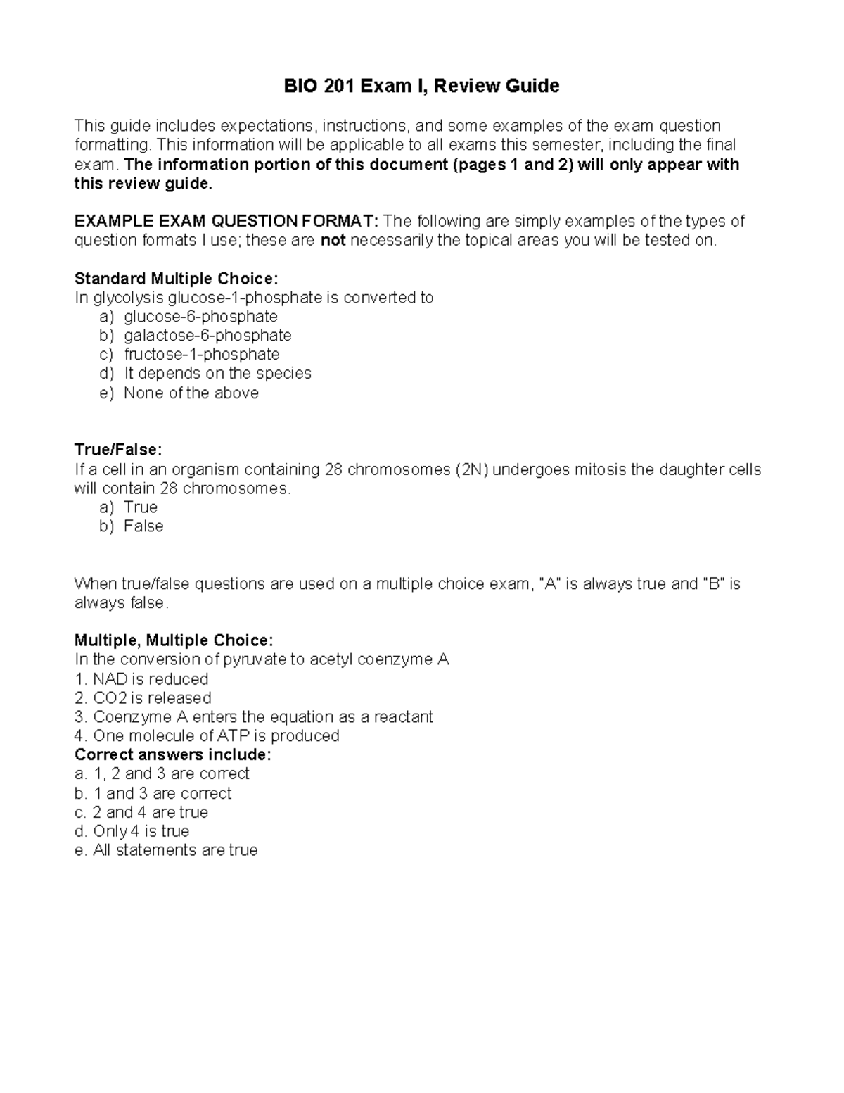 BIO 201 Exam I Review Guide: Study Topics & Sample Questions - Studocu