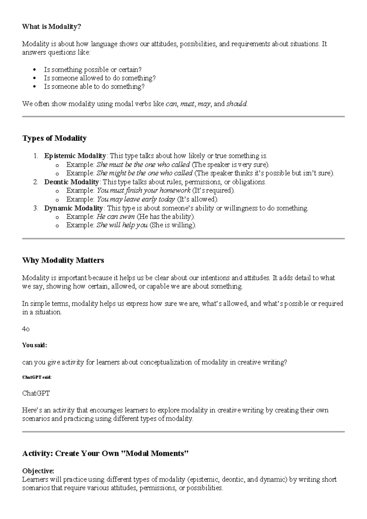 What is Modality? Lecture Notes for Creative Writing (CW101) - Studocu