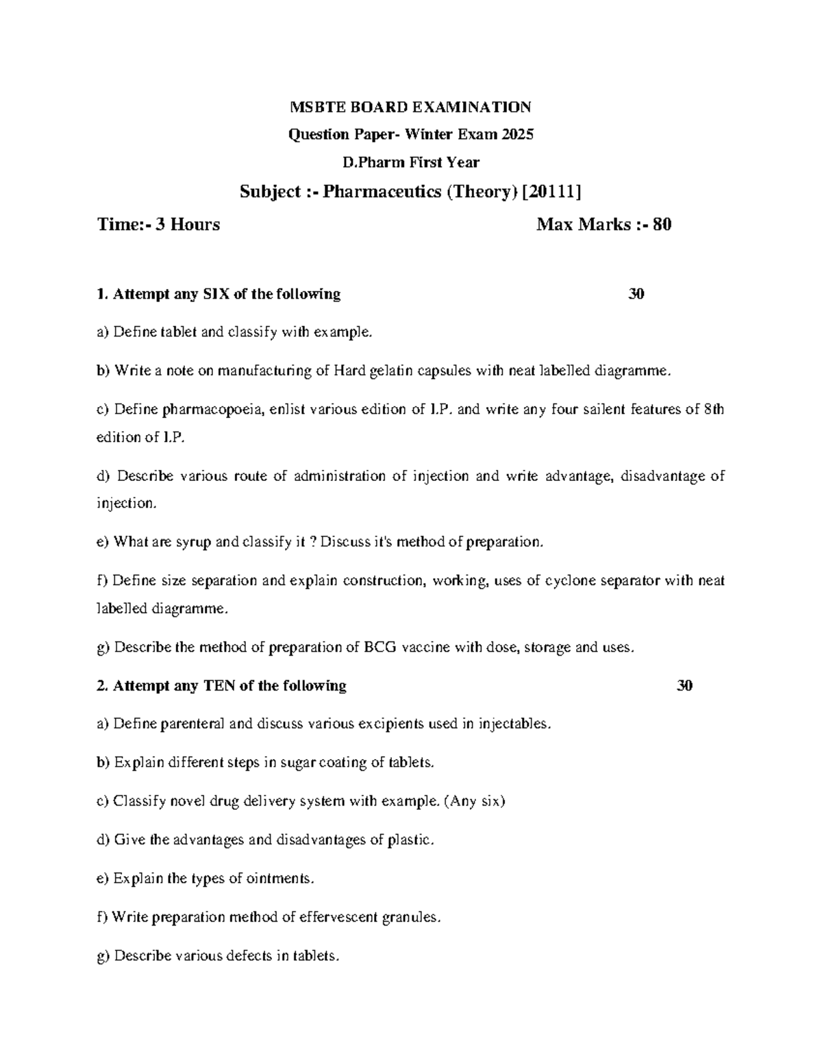 MSBTE D.Pharm 1st Year Pharmaceutics Winter Exam Notes 2025 - Studocu