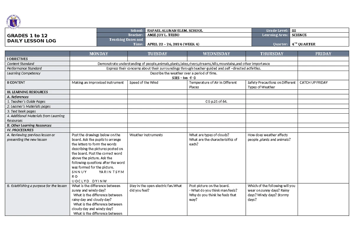 DLL Filipino 3 Q4 W4 - Daily Lesson Log for Grade III - Studocu