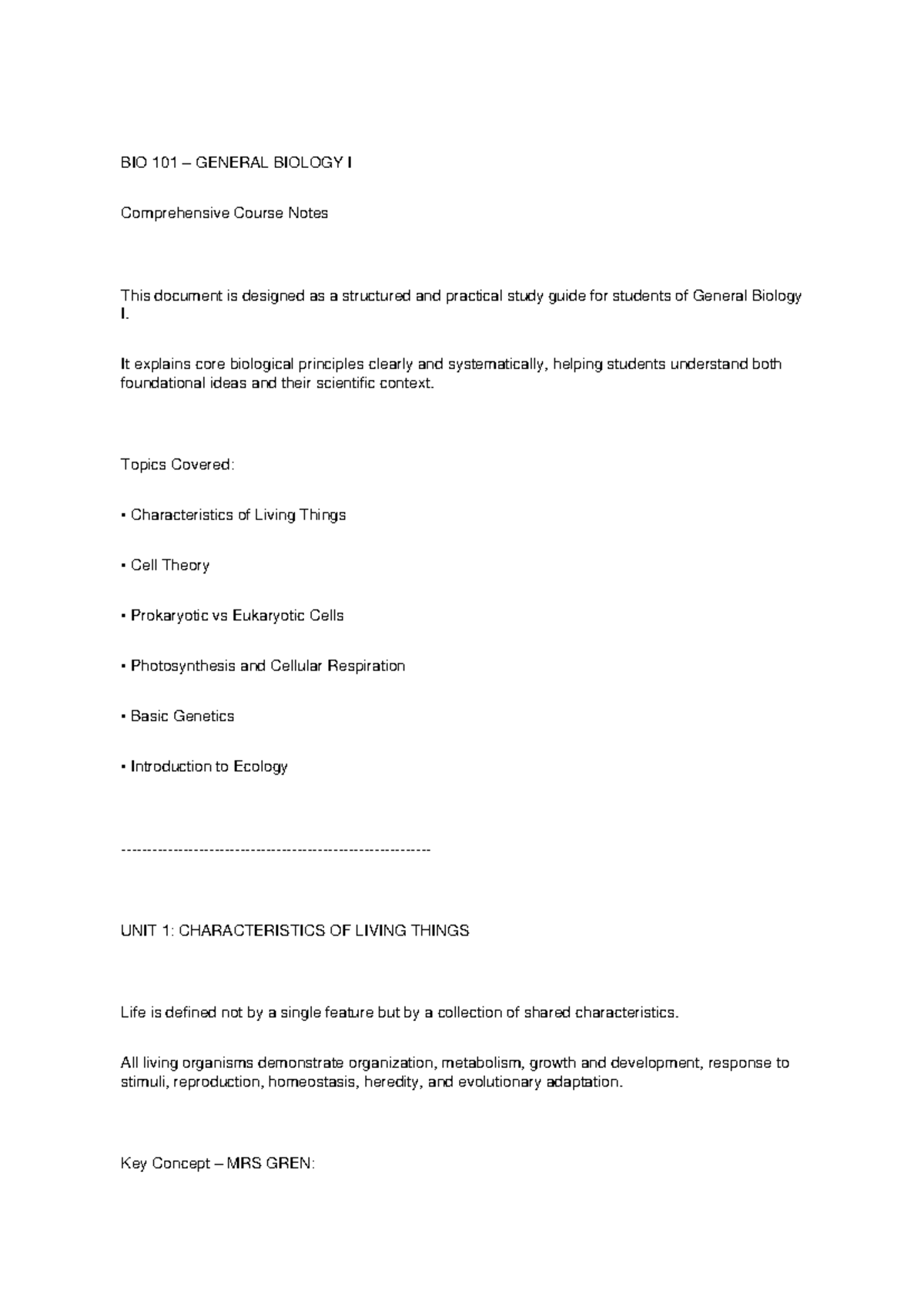 BIO 101 GENERAL BIOLOGY I Comprehensive Study Guide Notes - Studocu