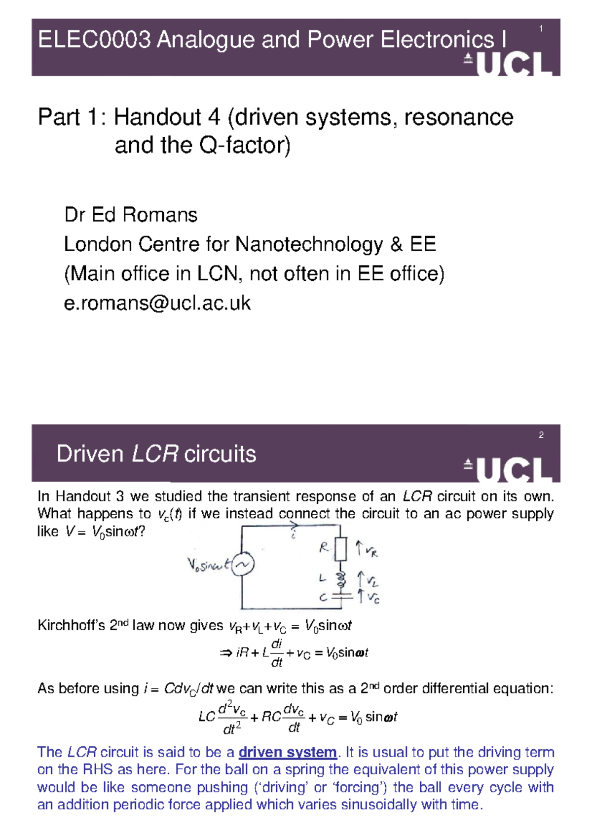 ELEC0003 EJR 2024 Handout 4: Driven LCR Circuits and Resonance Analysis ...