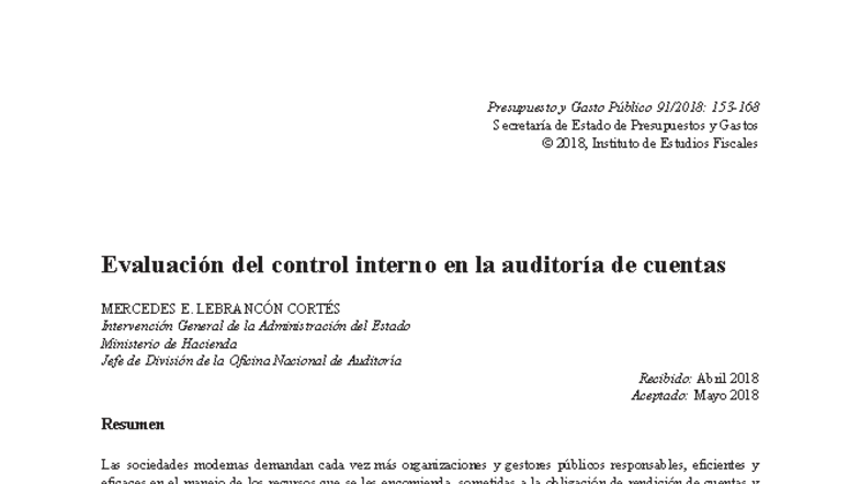Evaluación del Control Interno en la Auditoría de Cuentas 2018 - Studocu