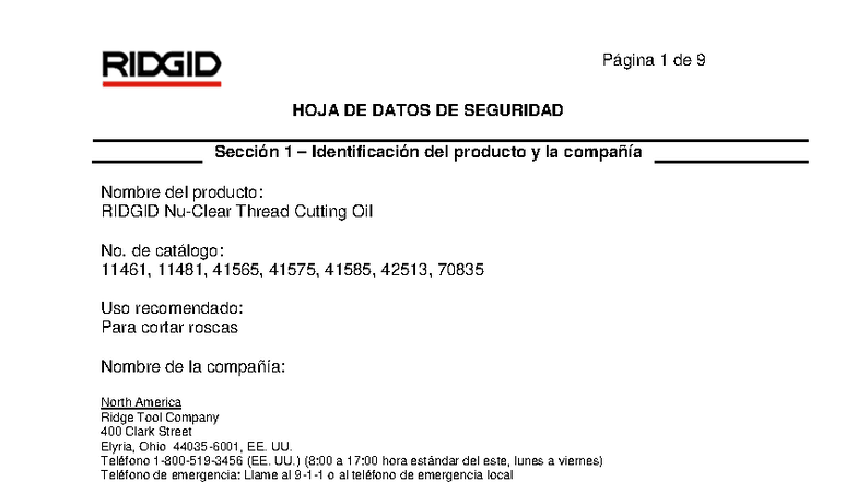 FDS RIDGID Thread Cutting Oil - Cat. 41575 (Rev. H) - Studocu