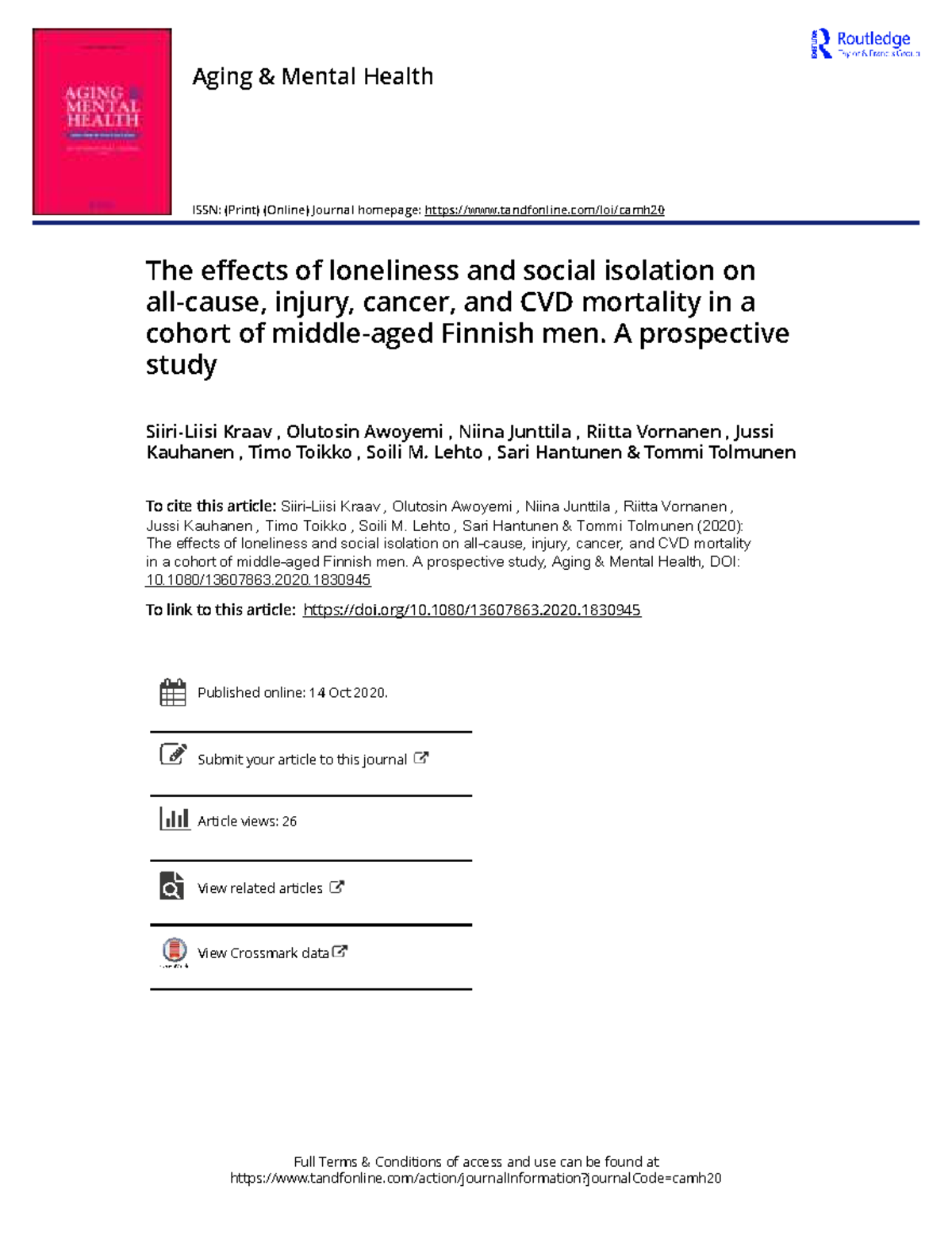 The Impact of Loneliness and Social Isolation on Mortality in Finnish ...