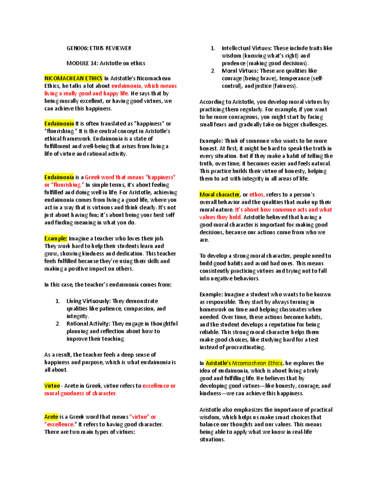 P3- Ethics Reviewer - GEN006: ETHIS REVIEWER MODULE 14: Aristotle on ...