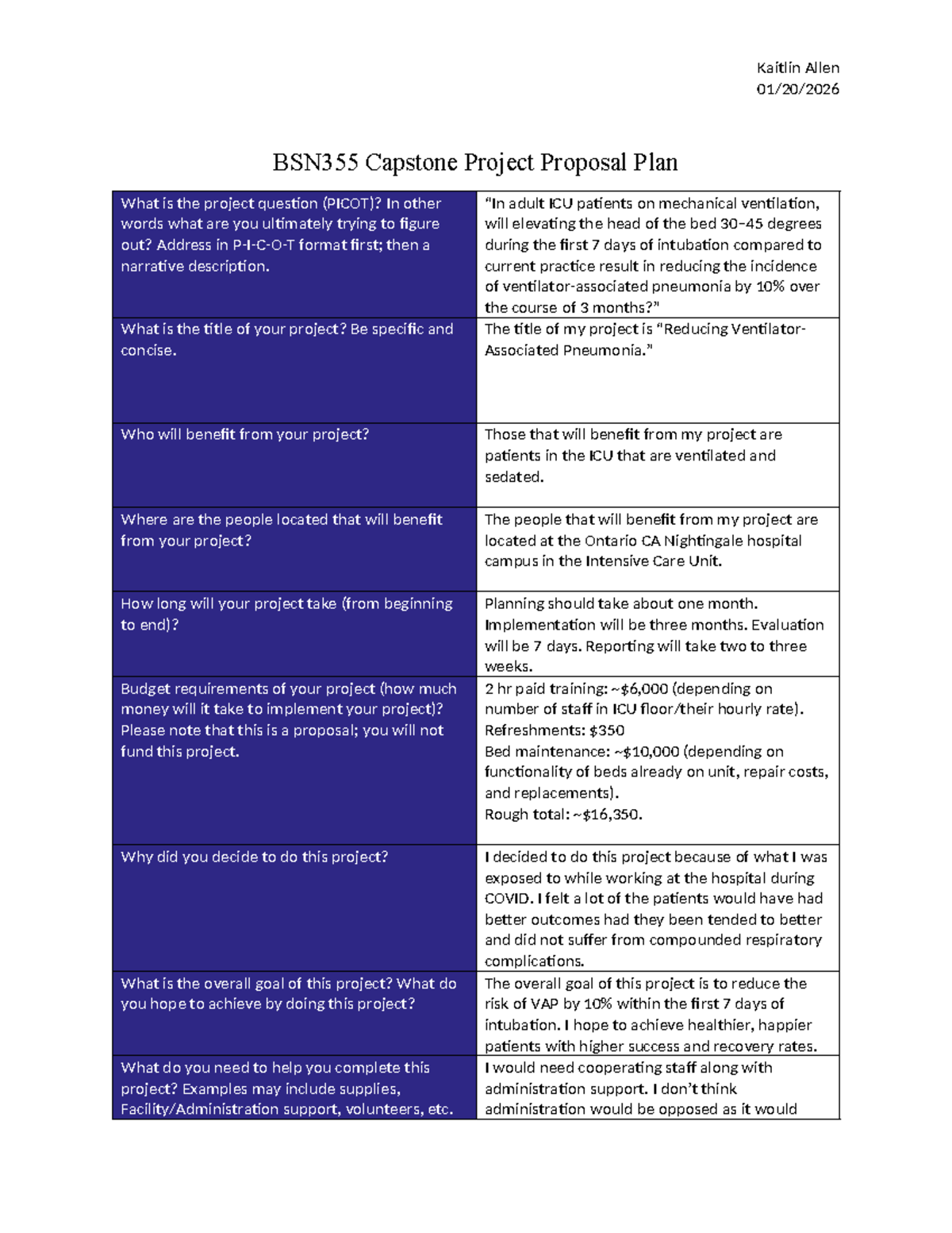 BSN355 Capstone Project Proposal: Reducing VAP in ICU Patients