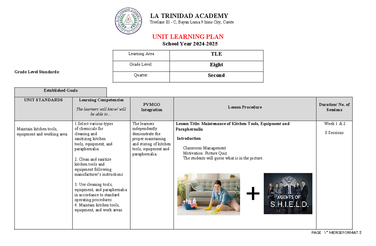 ULP TLE8 Q2 W1-W7 - Unit Learning Plan for TLE 8 - UNIT LEARNING PLAN ...