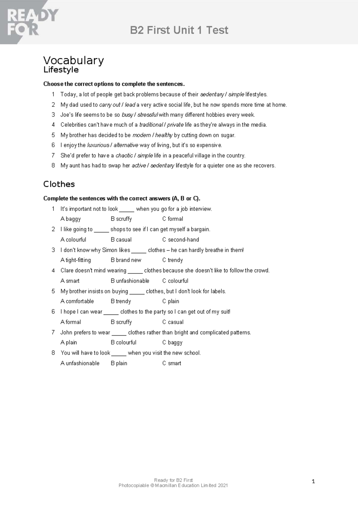 B2 First Unit 1 Test: Vocabulary and Lifestyle Choices - Studocu