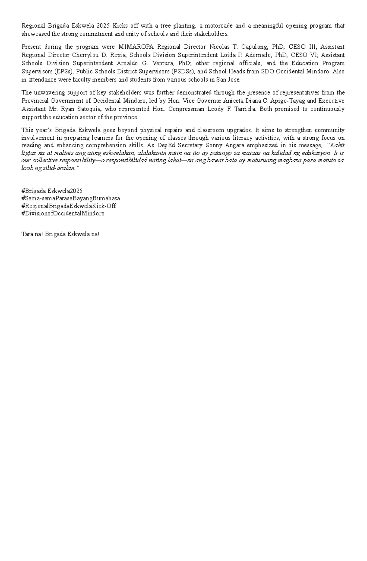 Regional Brigada Eskwela 2025 Kick-Off: Unity in Education - Studocu
