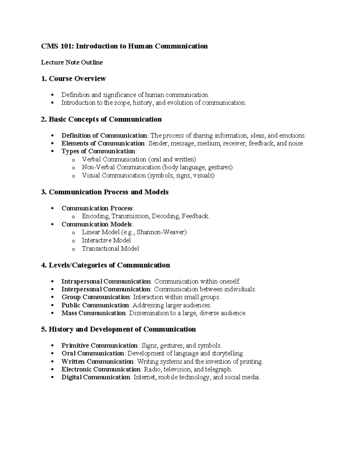 CMS 101: Lecture Notes on Human Communication Concepts and Models - Studocu