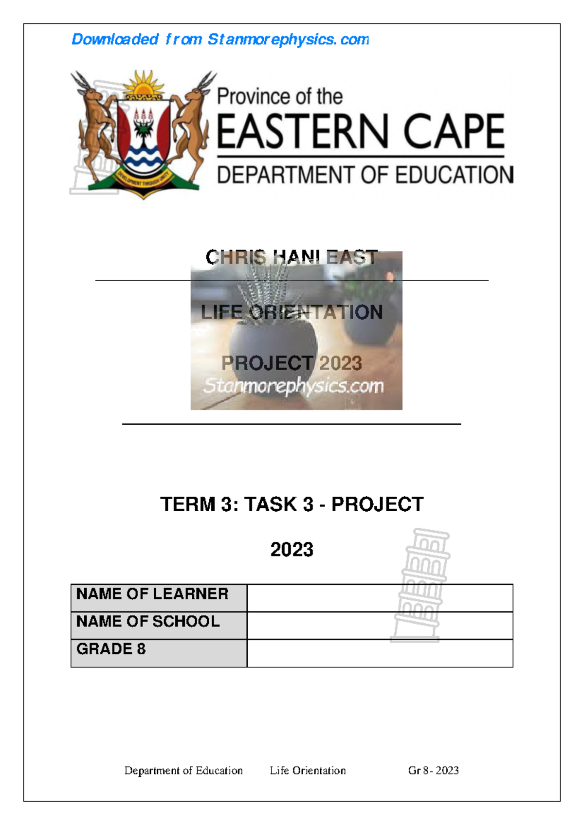 EC Life Orientation Grade 8 Term 3 Project on National Days 2023 - Studocu