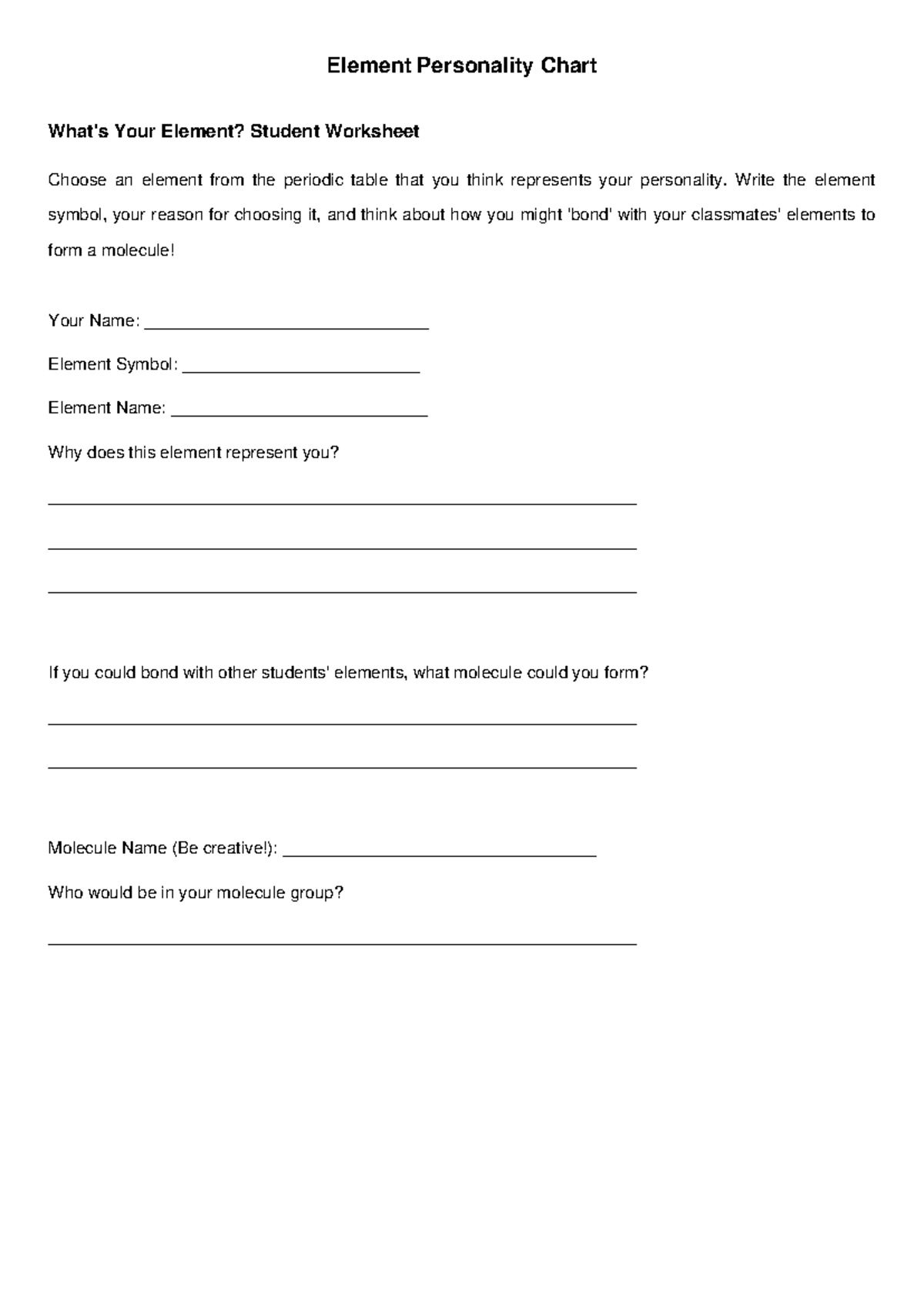 Element Personality Student Worksheet - Element Personality Chart What ...