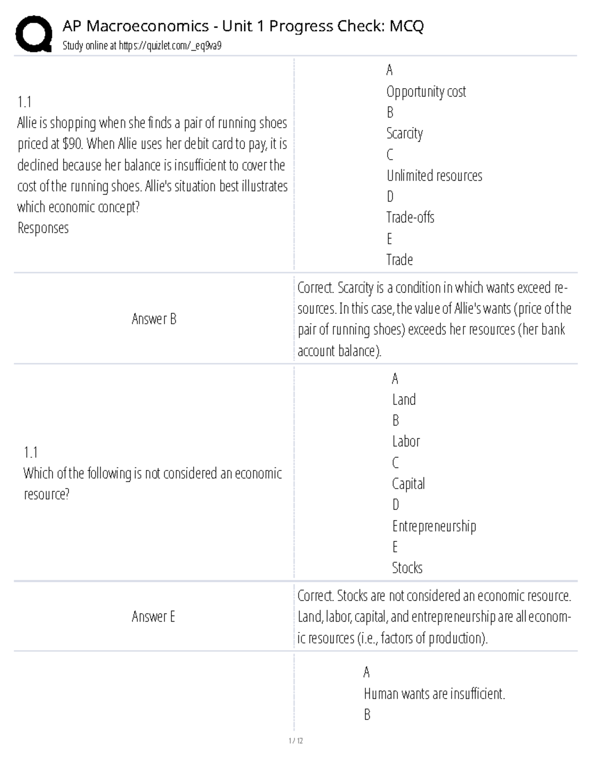 AP Macroeconomics Unit 1 Progress Check: MCQ Review Guide - Studocu