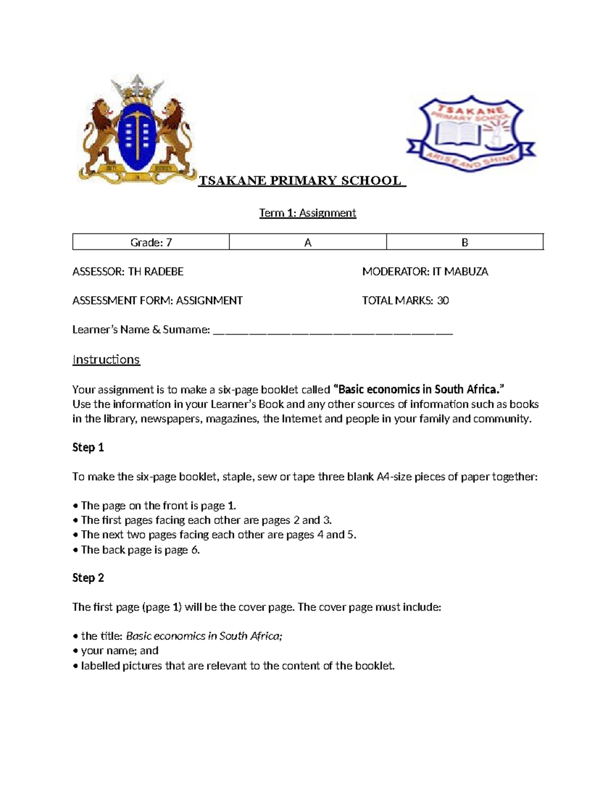 EMS Grade 7 Term 1 Assignment: Basic Economics in South Africa - Studocu