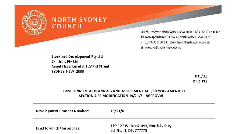 Modification Approval for Development Consent No. 10298829 - Walker St ...