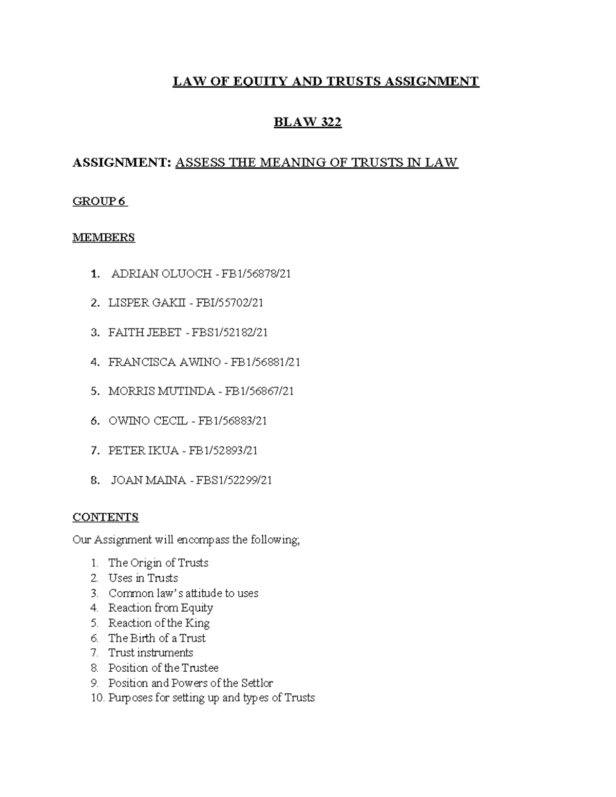 BLAW 322: Law of Equity and Trusts Assignment on Trusts' Meaning - Studocu