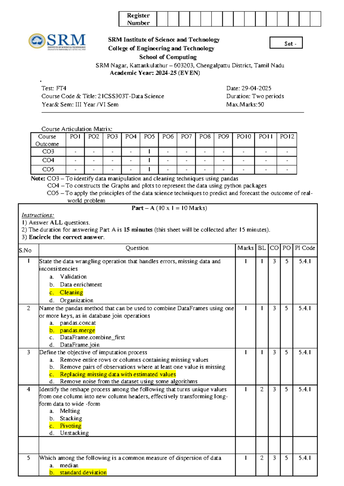Science Course CT2 Set D Answer Key: Data Manipulation & Visualization ...