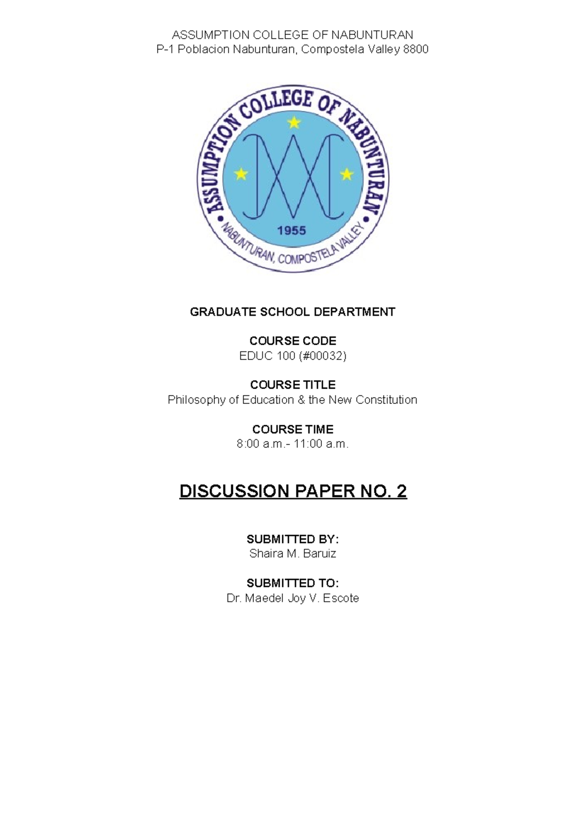 EDUC 100 Discussion Paper No. 2: Mental Health in Education - Studocu