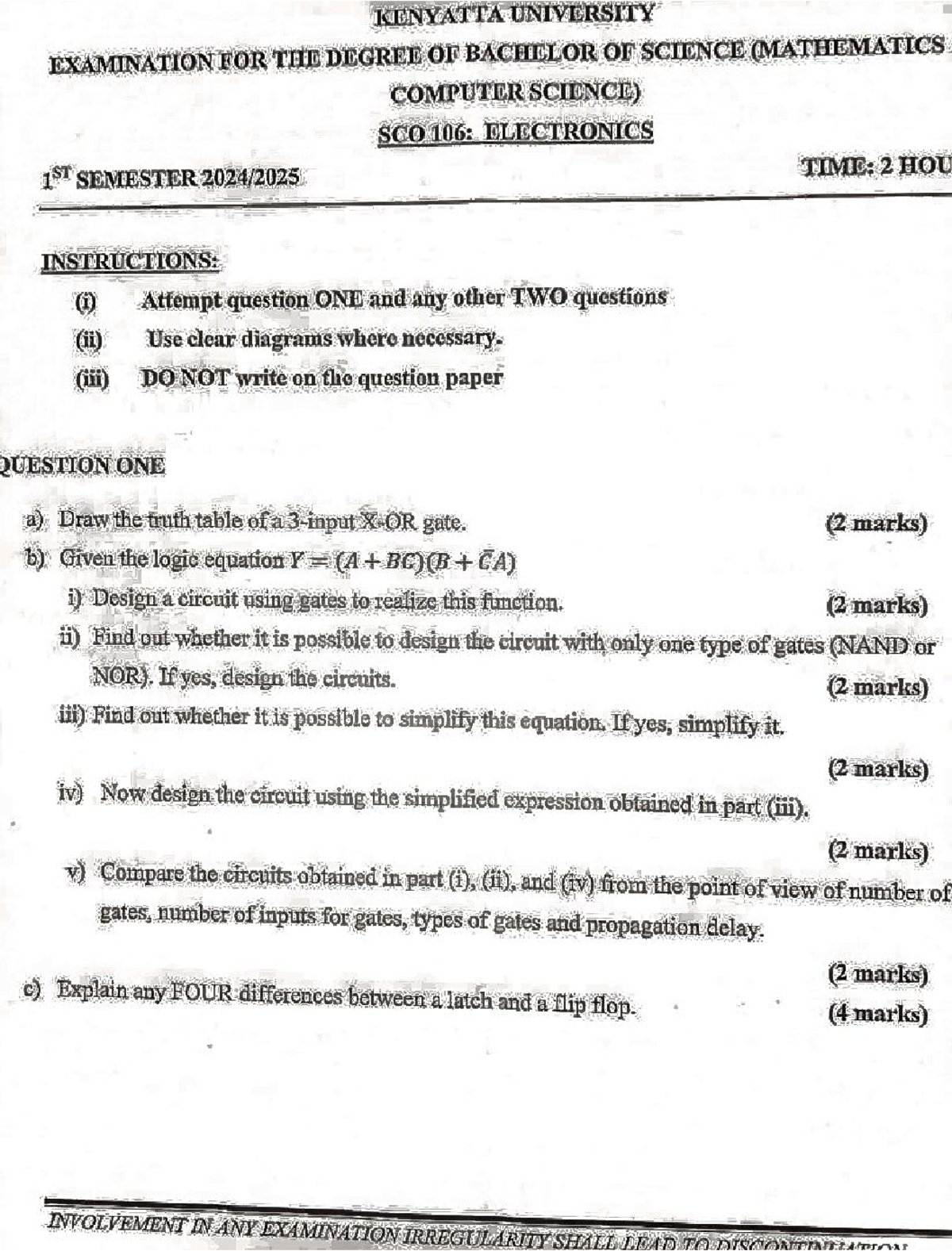 SCO 106: Past Exam Paper for Electronics - Kenyatta University - Studocu