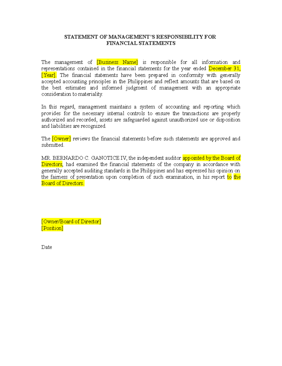 Management Statement for Financial Statements - [Business Name] - Studocu