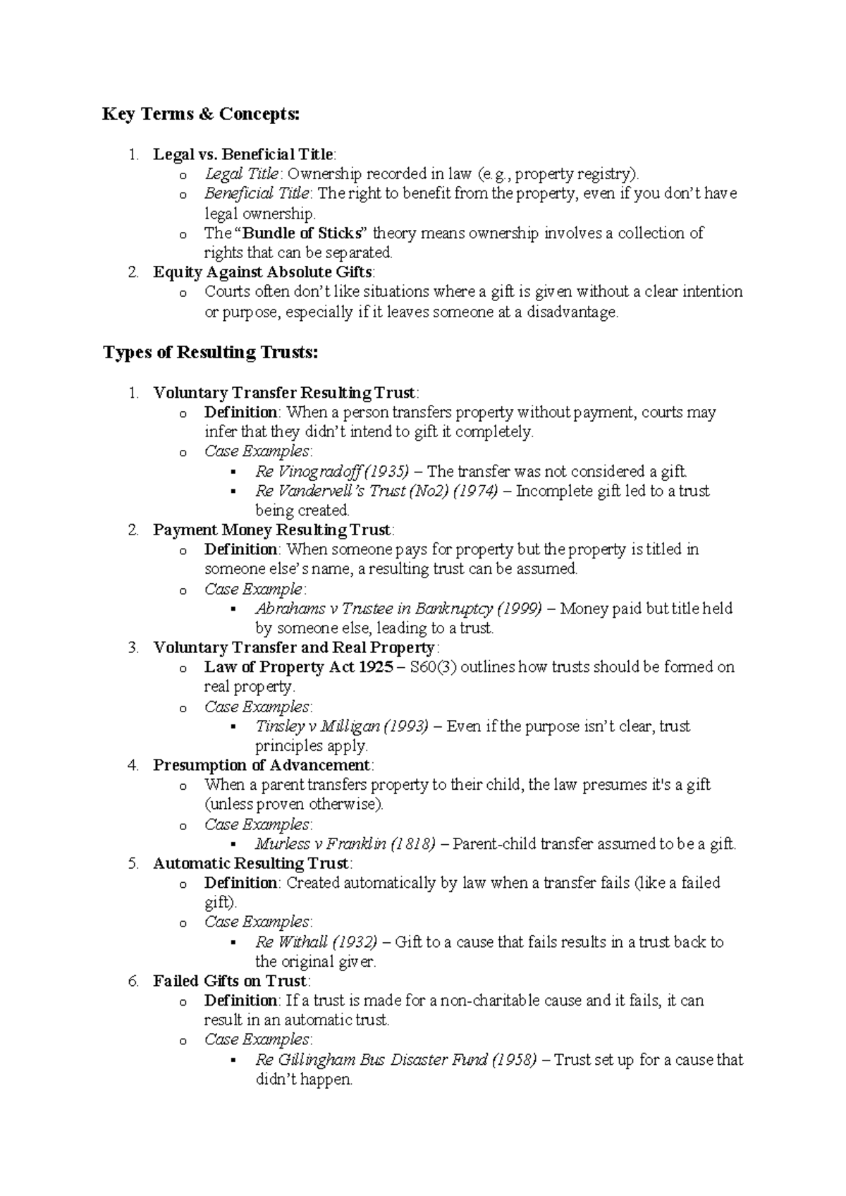 Resulting Trusts: Key Concepts and Case Law Analysis (LAW 101) - Studocu