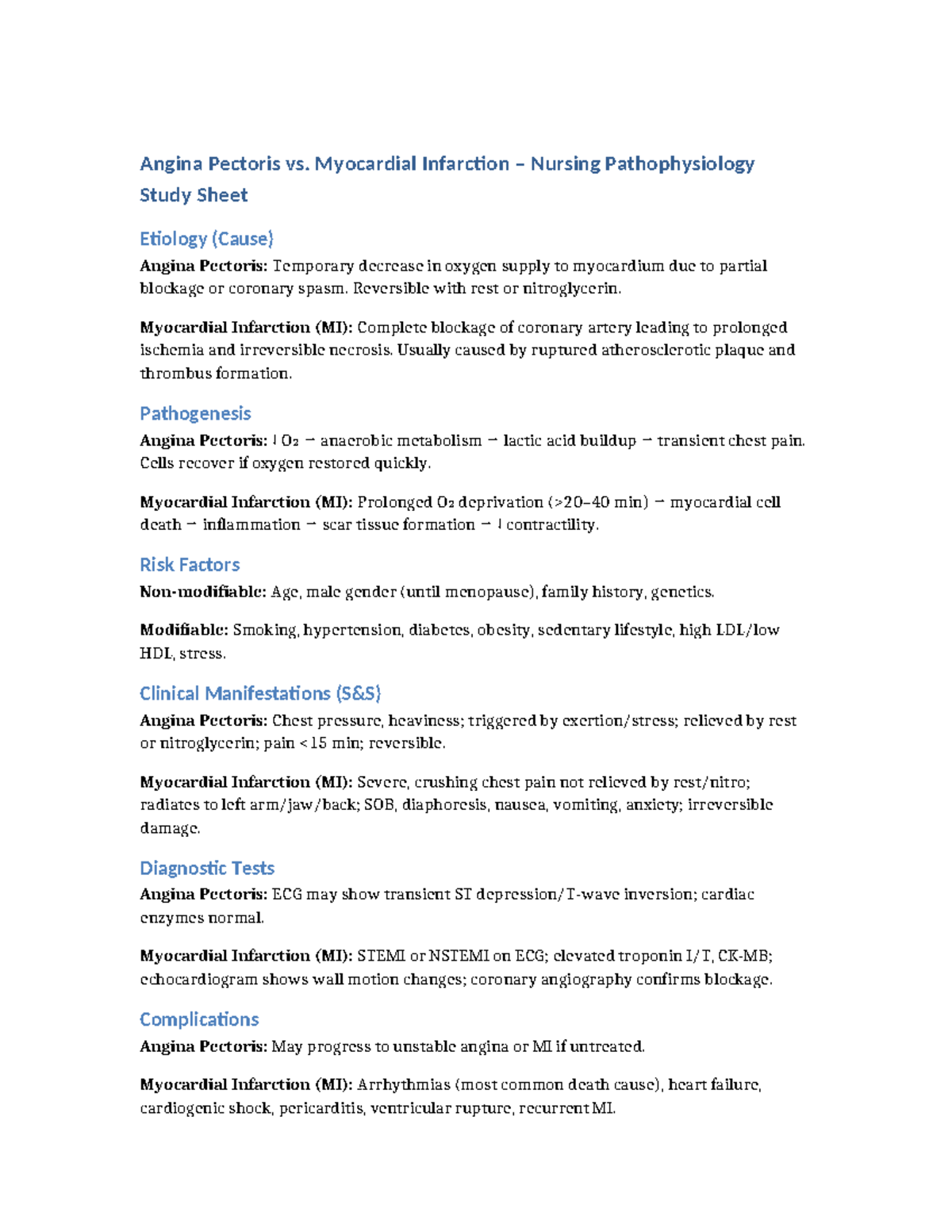 Angina Pectoris vs Myocardial Infarction Nursing Pathophysiology Study ...