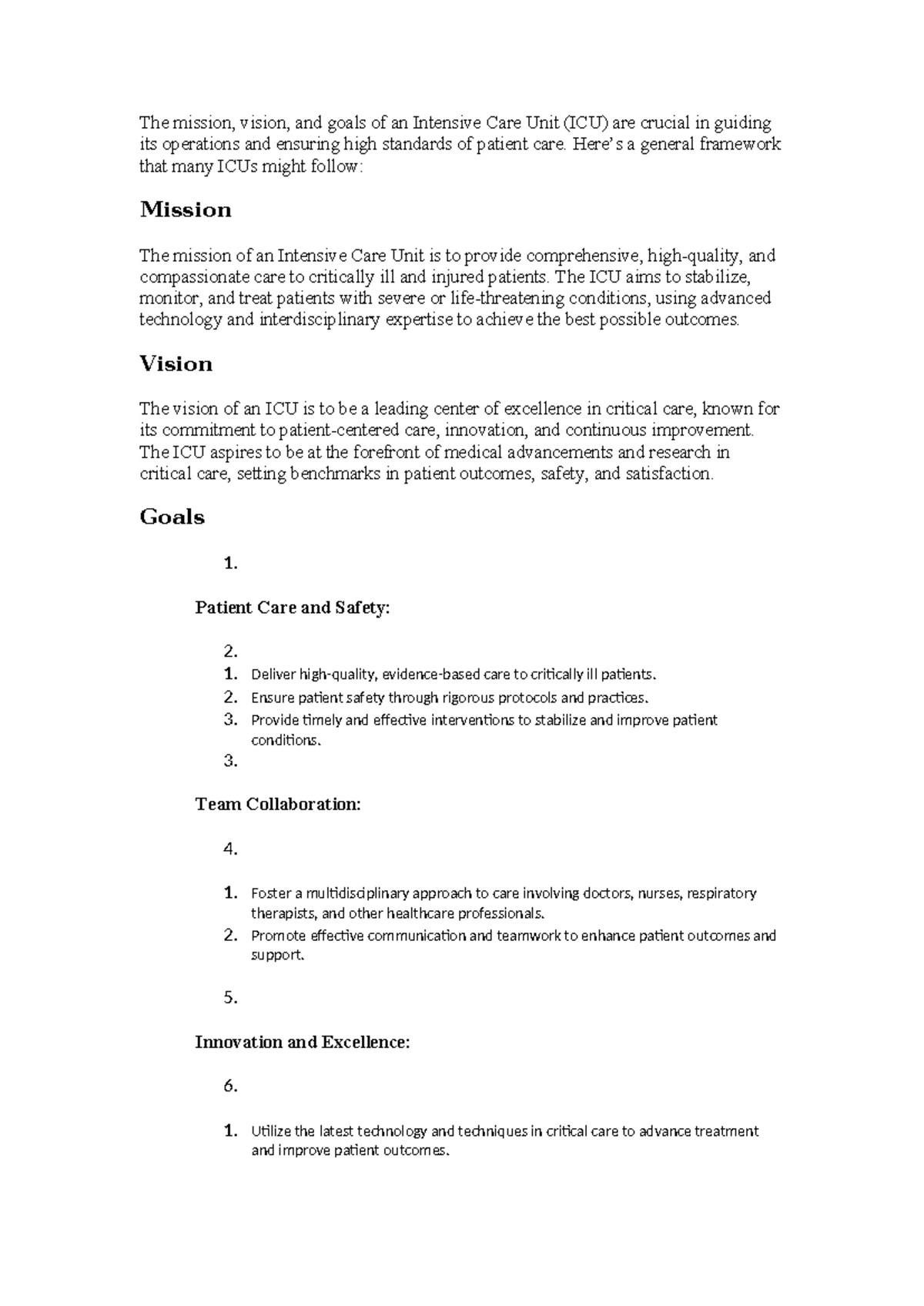 ICU Mission and Vision: Framework for Excellence in Critical Care - Studocu