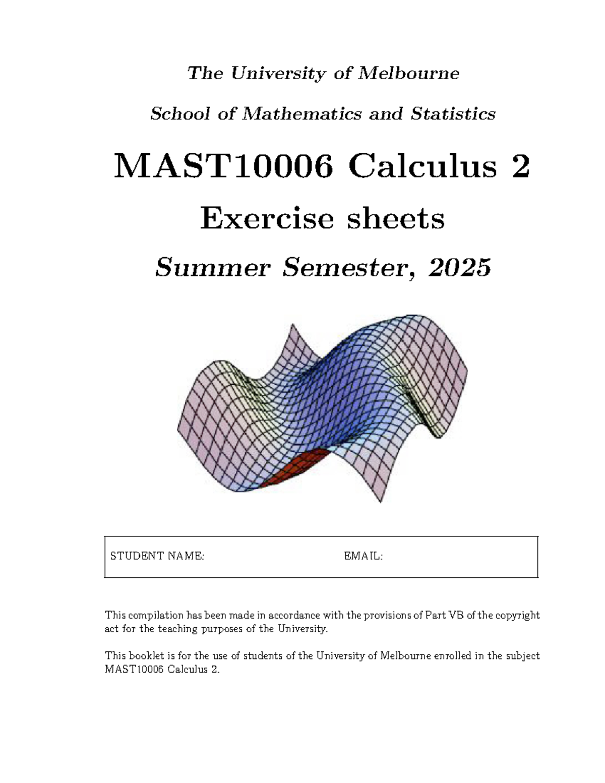 Calculus 2 exercise sheets 2025sum - The University of Melbourne School ...