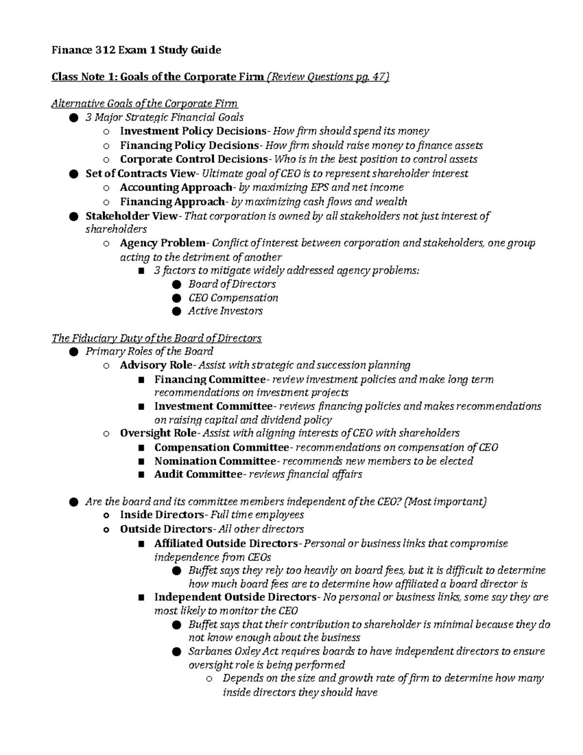 FINC312 Exam 1 Study Guide - Summary of Key Finance Concepts - Studocu