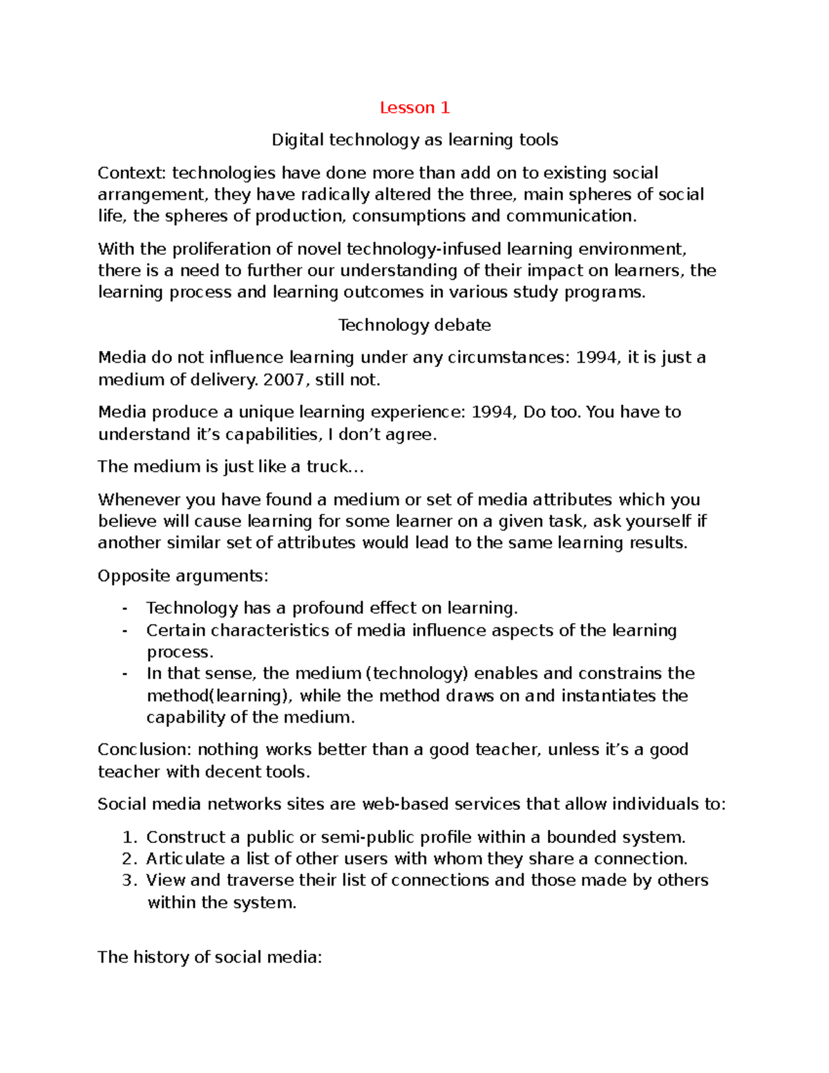 Notes 1-2 - Lesson 1 Digital technology as learning tools Context ...
