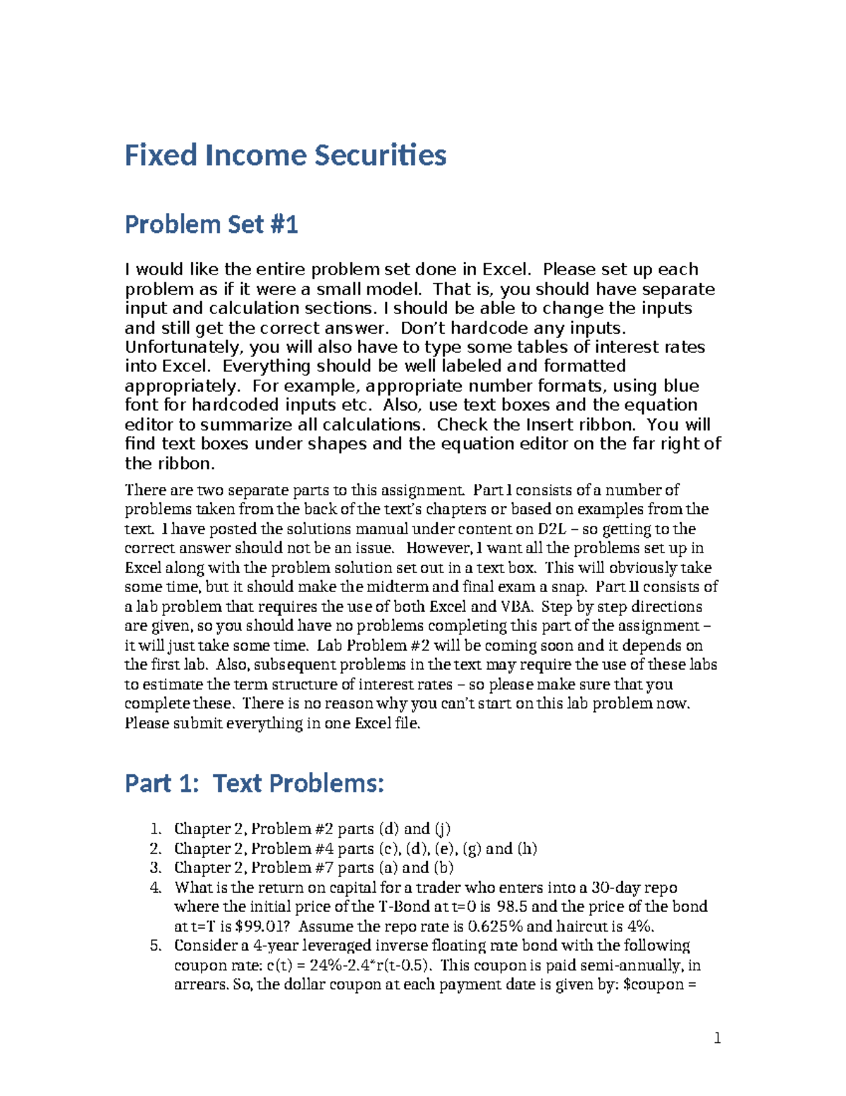 Fixed Income Securities Problem Set #1 (PS1) in Excel Format - Studocu