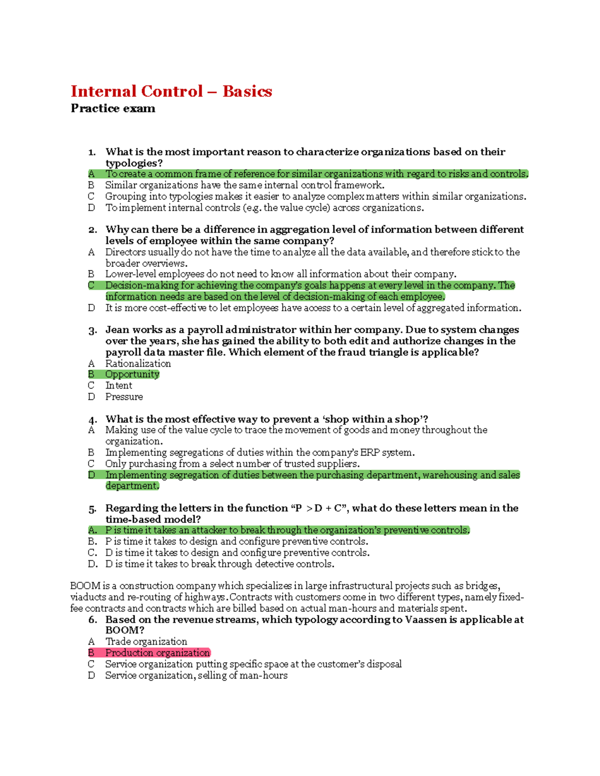 IC BSc - Internal Control Basics: Practice Exam Questions - Studeersnel