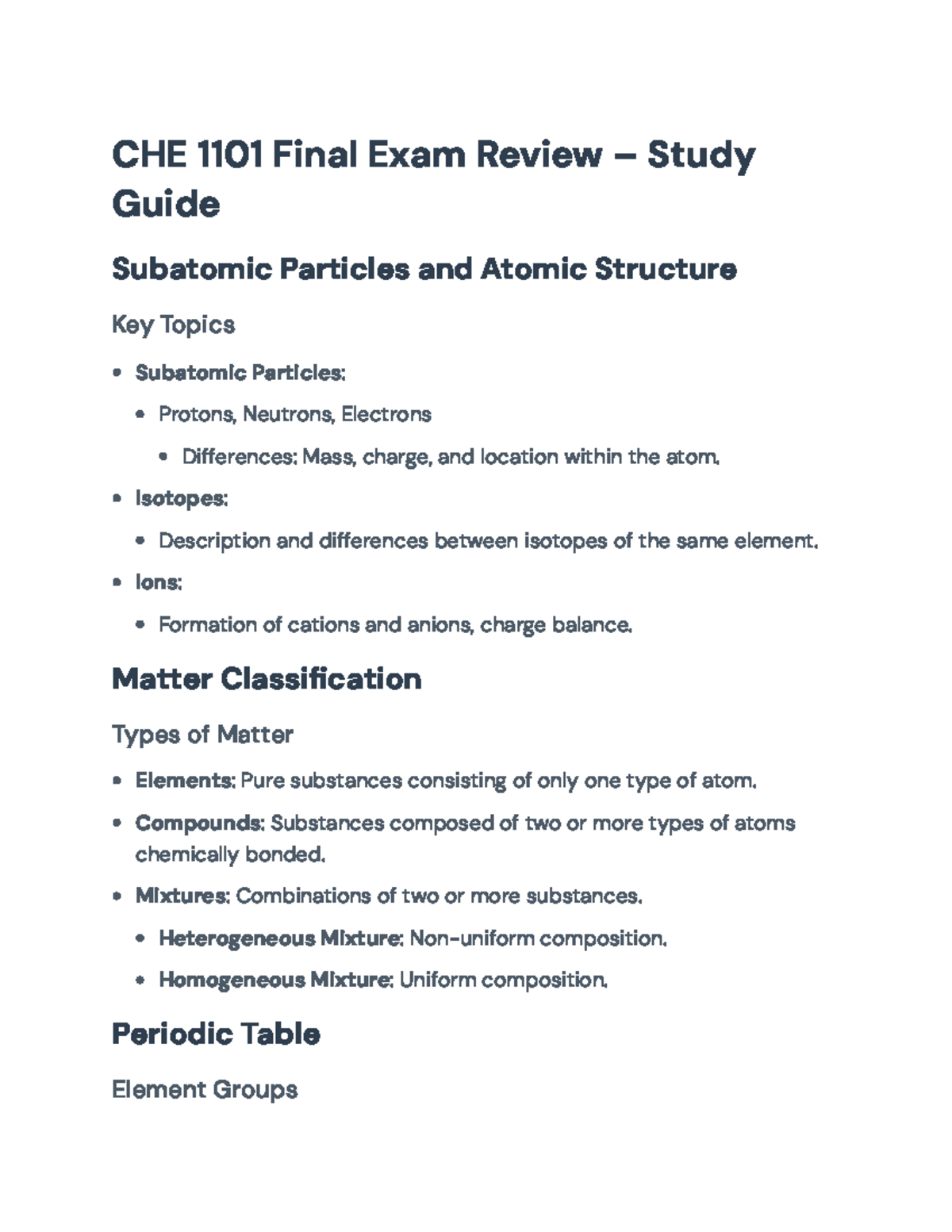 CHE 1101 Final Exam Review - Comprehensive Study Guide for Chemistry ...