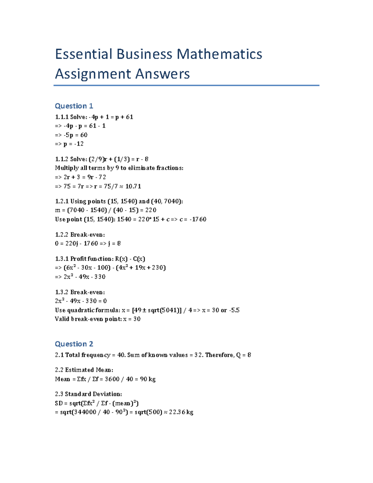 Business Maths Assignment Answers: Essential Solutions & Calculations ...