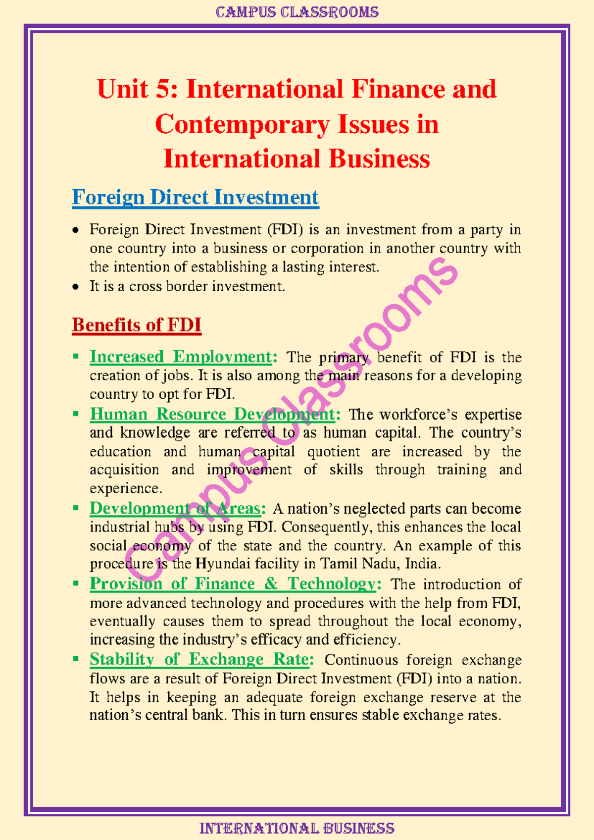 Campus Classrooms Unit 5: FDI and Mergers in International Business ...