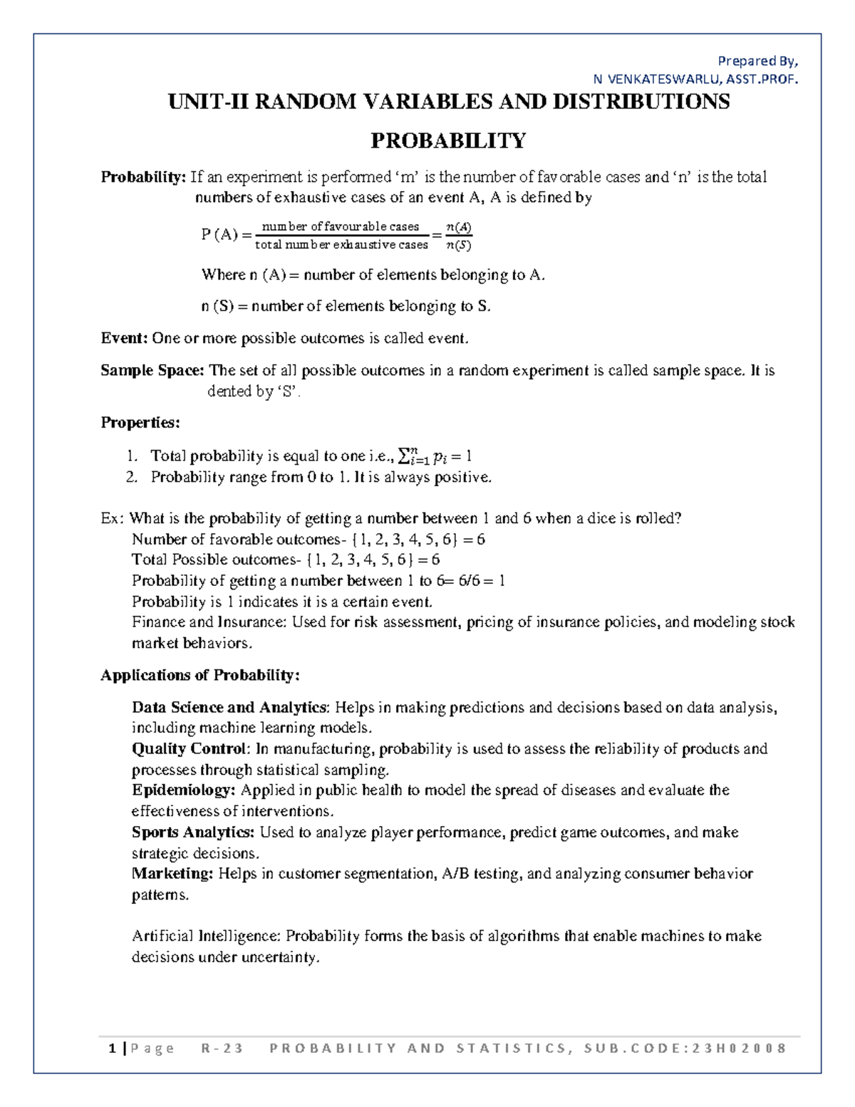 Probability and Statistics: Random Variables & Distributions (23H02008 ...