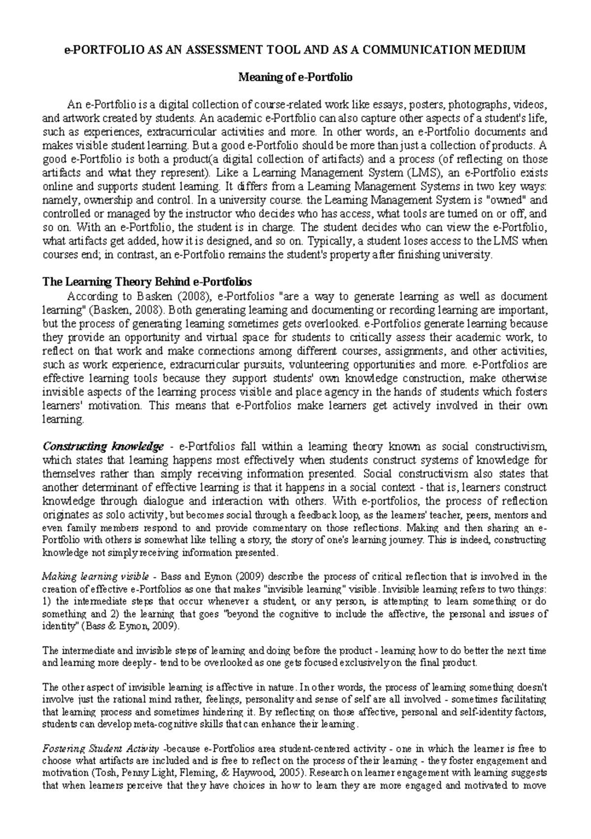 E-Portfolio as a Tool for Student Learning and Assessment - Studocu