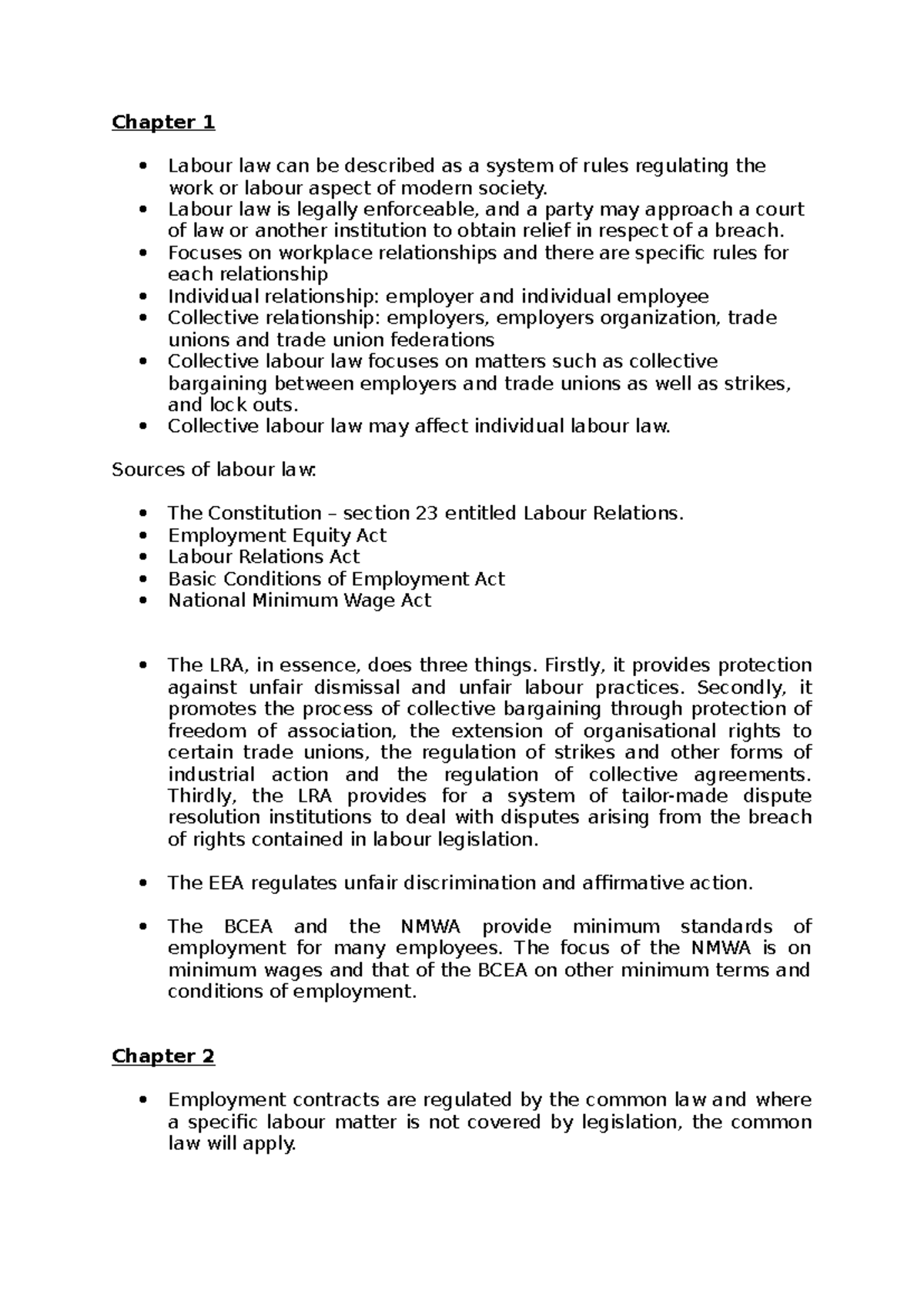 notes for contract - Chapter 1 Labour law can be described as a system ...